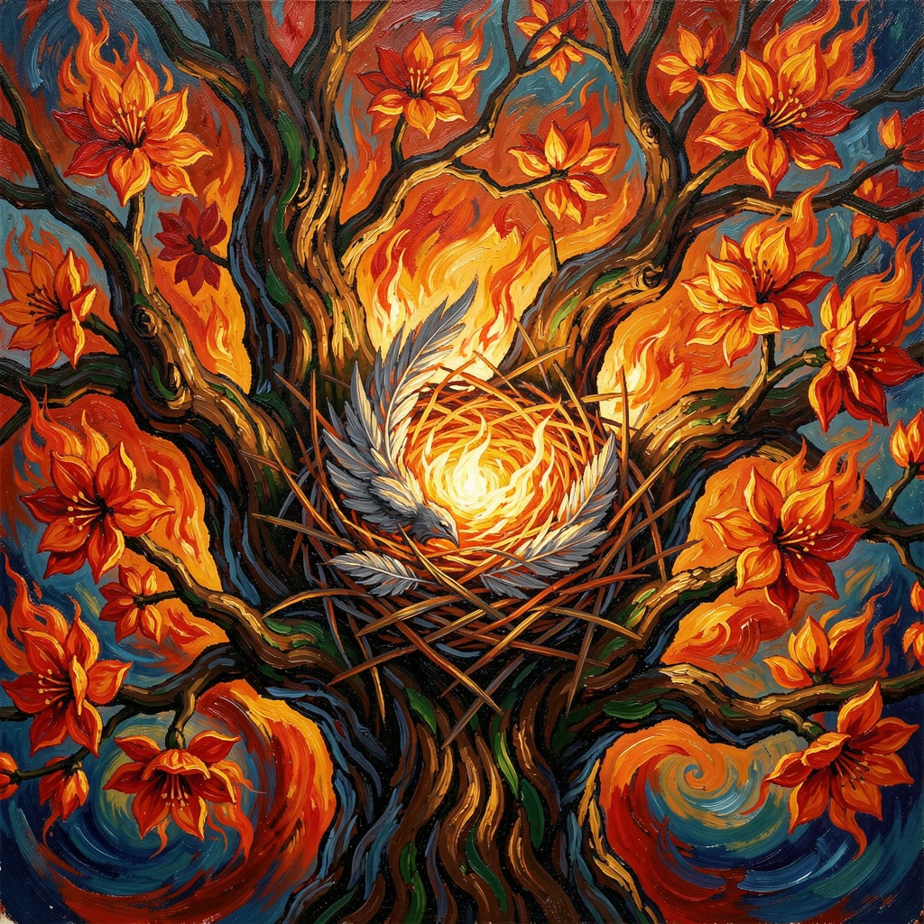 A phoenix nest cradled in the branches of a tree blooming with fire-colored flowers.