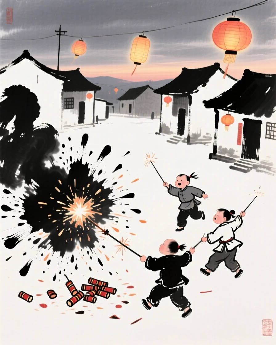 Children set off firecrackers in a village square during New Year celebrations, as lanterns glow warmly against the evening sky.