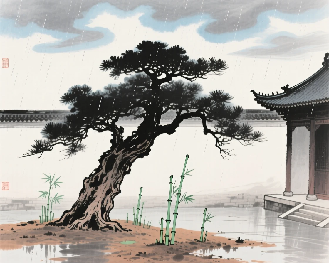 A temple courtyard shaded by a single ancient cypress, beneath low hanging clouds, just after a rain shower, as new bamboo shoots break through the soil.