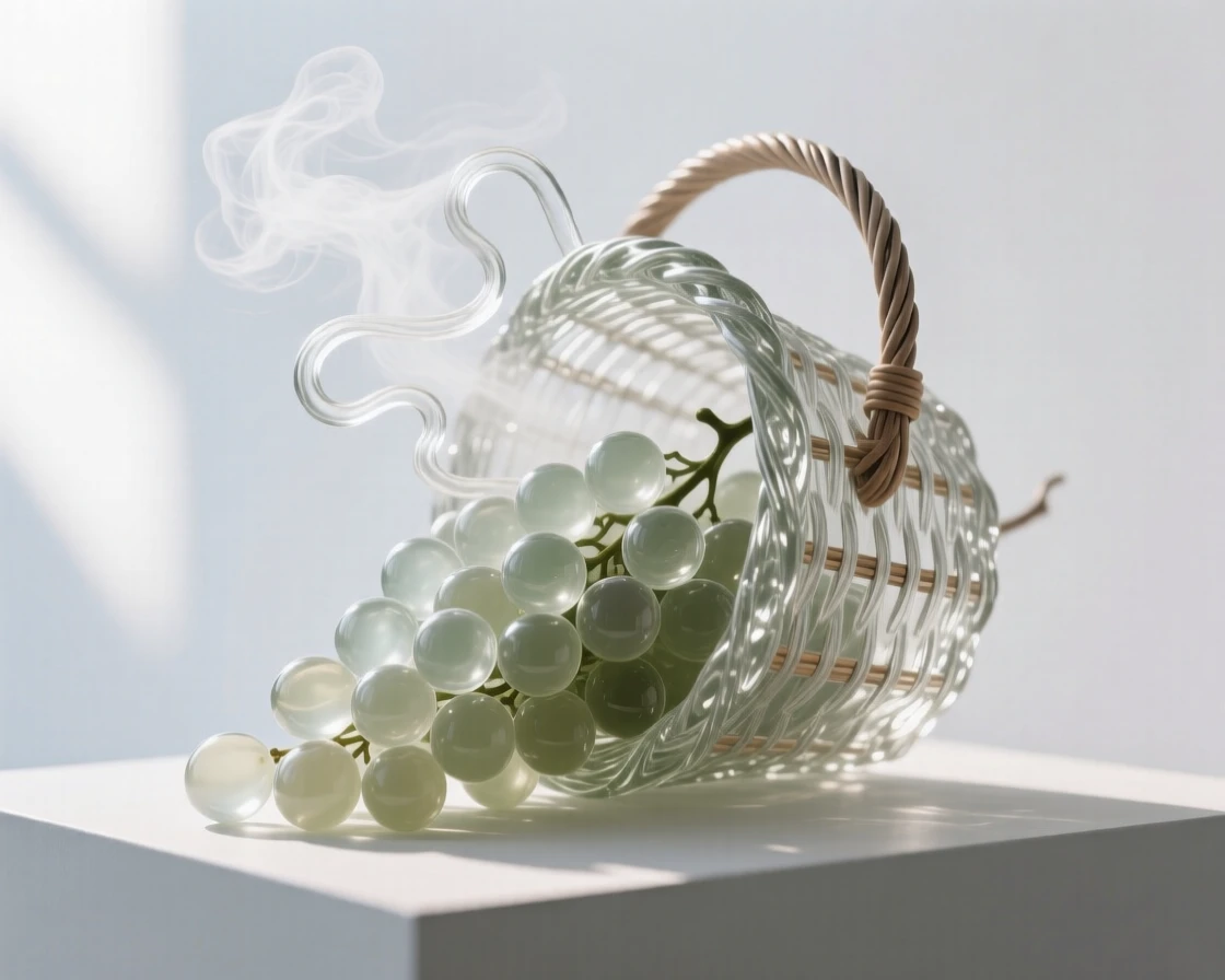 A bunch of grapes spilling from an overturned basket, as steam rises gently into the morning air