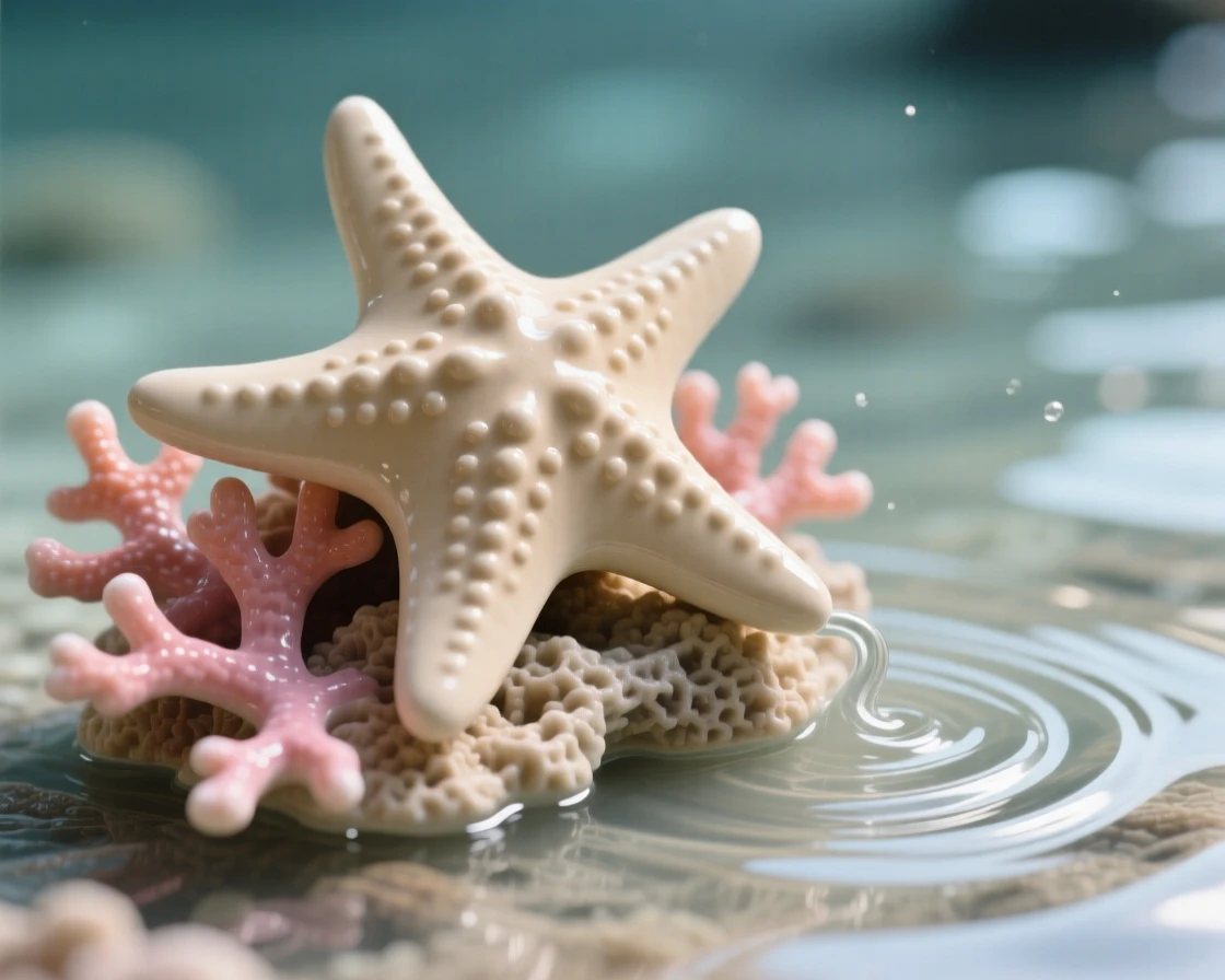 A starfish resting on a bed of coral caught in a burst of playful motion, trailing a faint wake through the water, radiating playful, gentle joy.