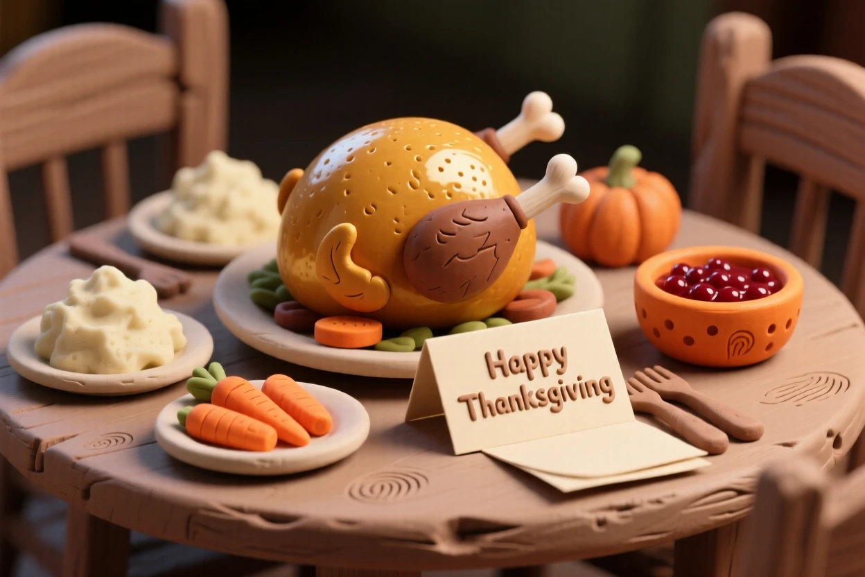 A Thanksgiving table set with a golden roasted turkey centerpiece