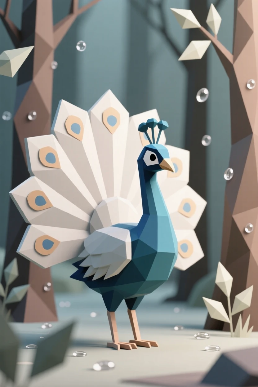 A peacock fanning its iridescent tail feathers, in a quiet, dew-covered forest. the framing draws the eye directly to its gaze. The mood is tender and intimate.
