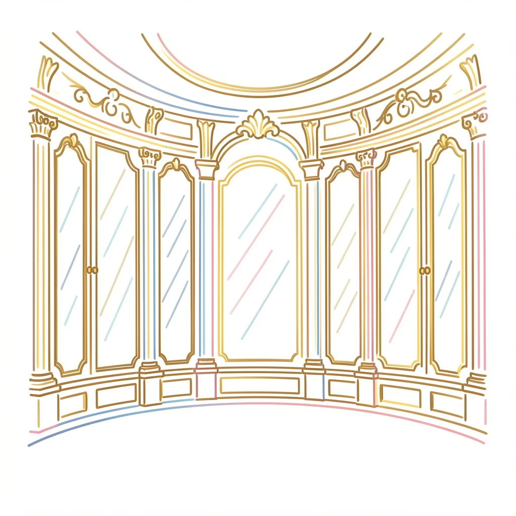 A grand palace ballroom with tall mirrored walls and gold trim.
