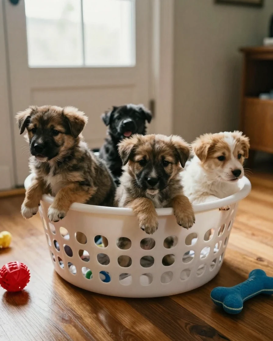 A litter of puppies tumbles over each other trying to climb out of a laundry basket.