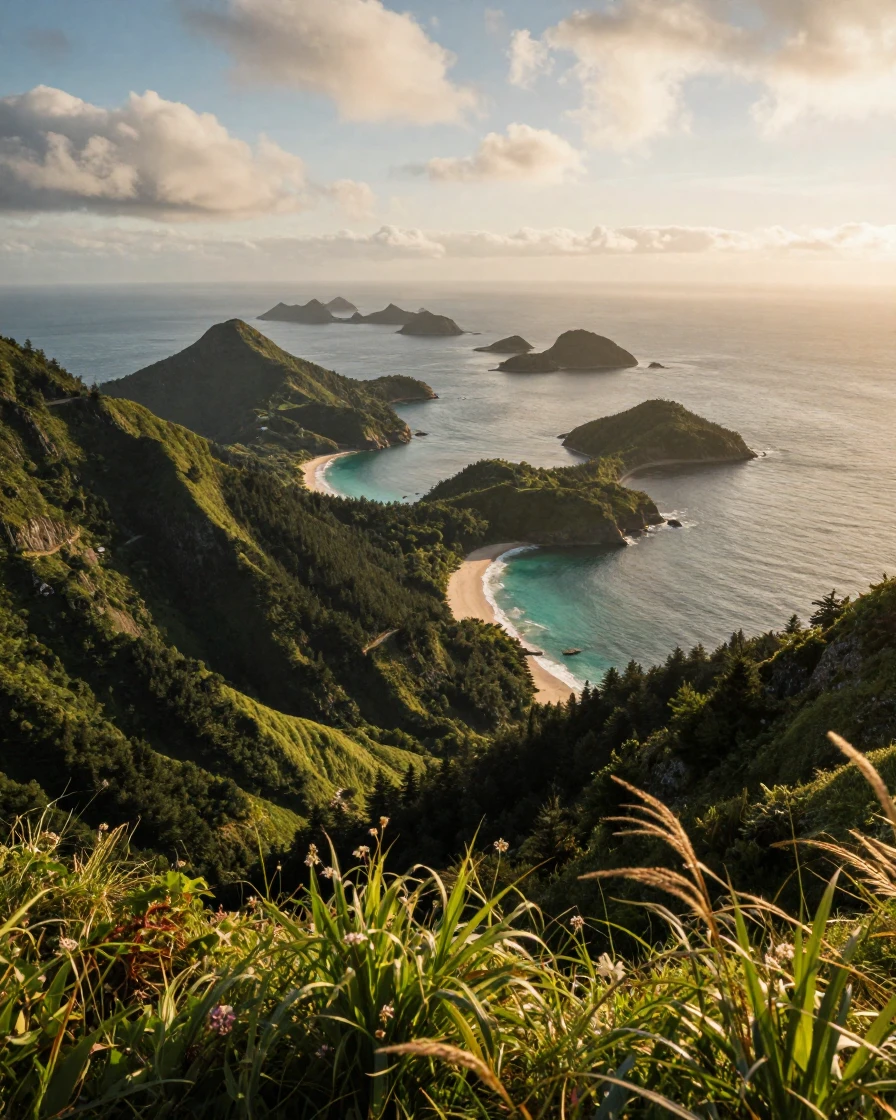 A vast archipelago of islands viewed from a high mountain pass