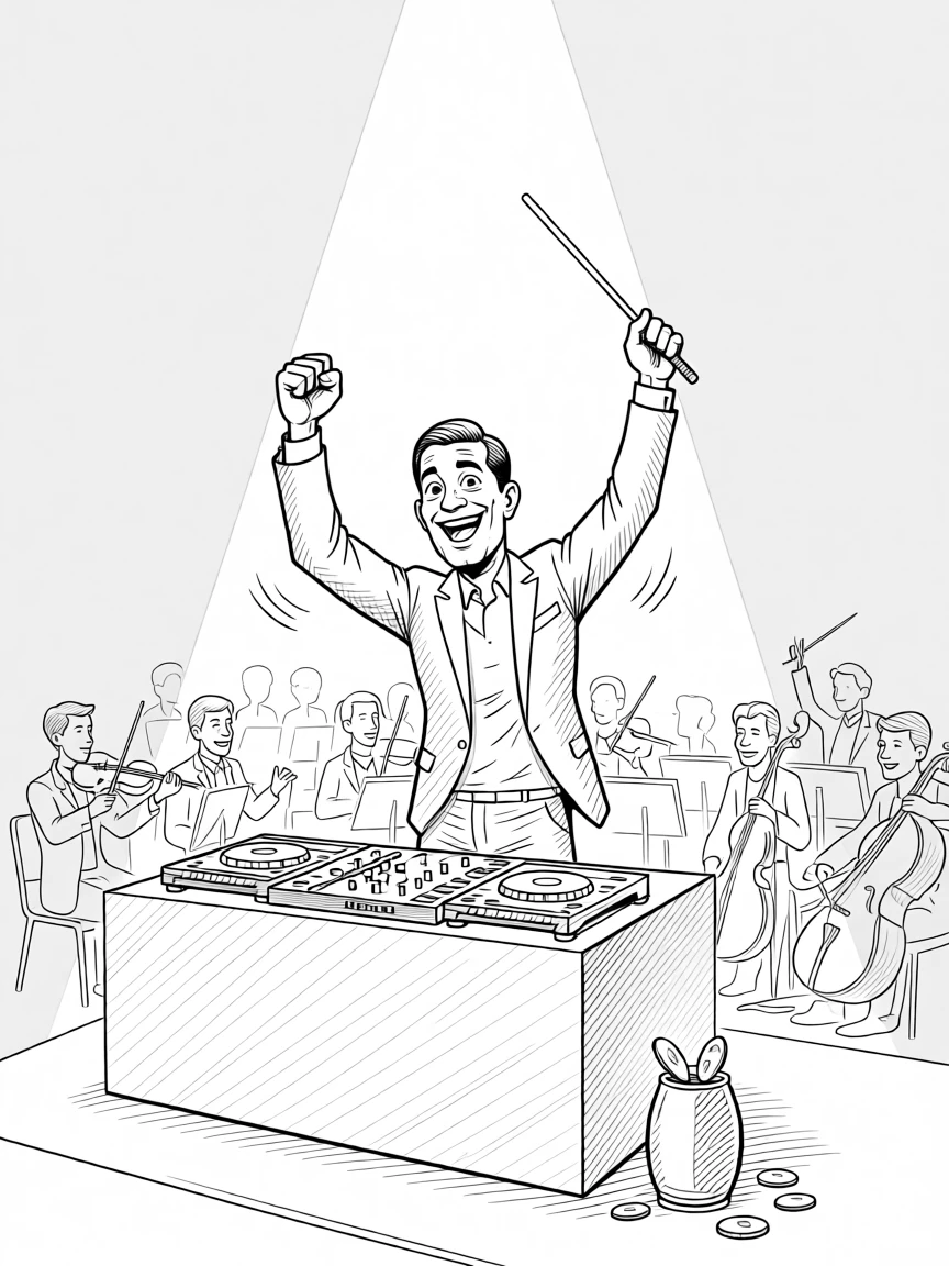 A DJ pumping a fist as the crowd goes wild, cueing the entire orchestra with an emphatic downbeat, set on a grand theater stage under a single spotlight. A tip jar sits nearby with a few scattered coins. There's an infectious, larger-than-life energy to the moment.