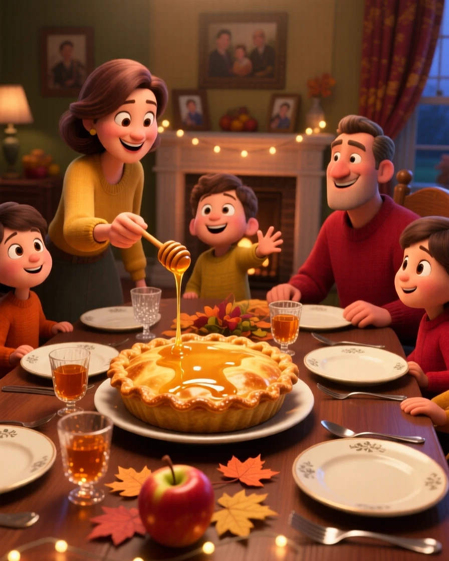 A golden-crusted apple pie sits at a family dinner table set for a celebration, with honey drizzling slowly over the top. The setting feels relaxed and satisfying.