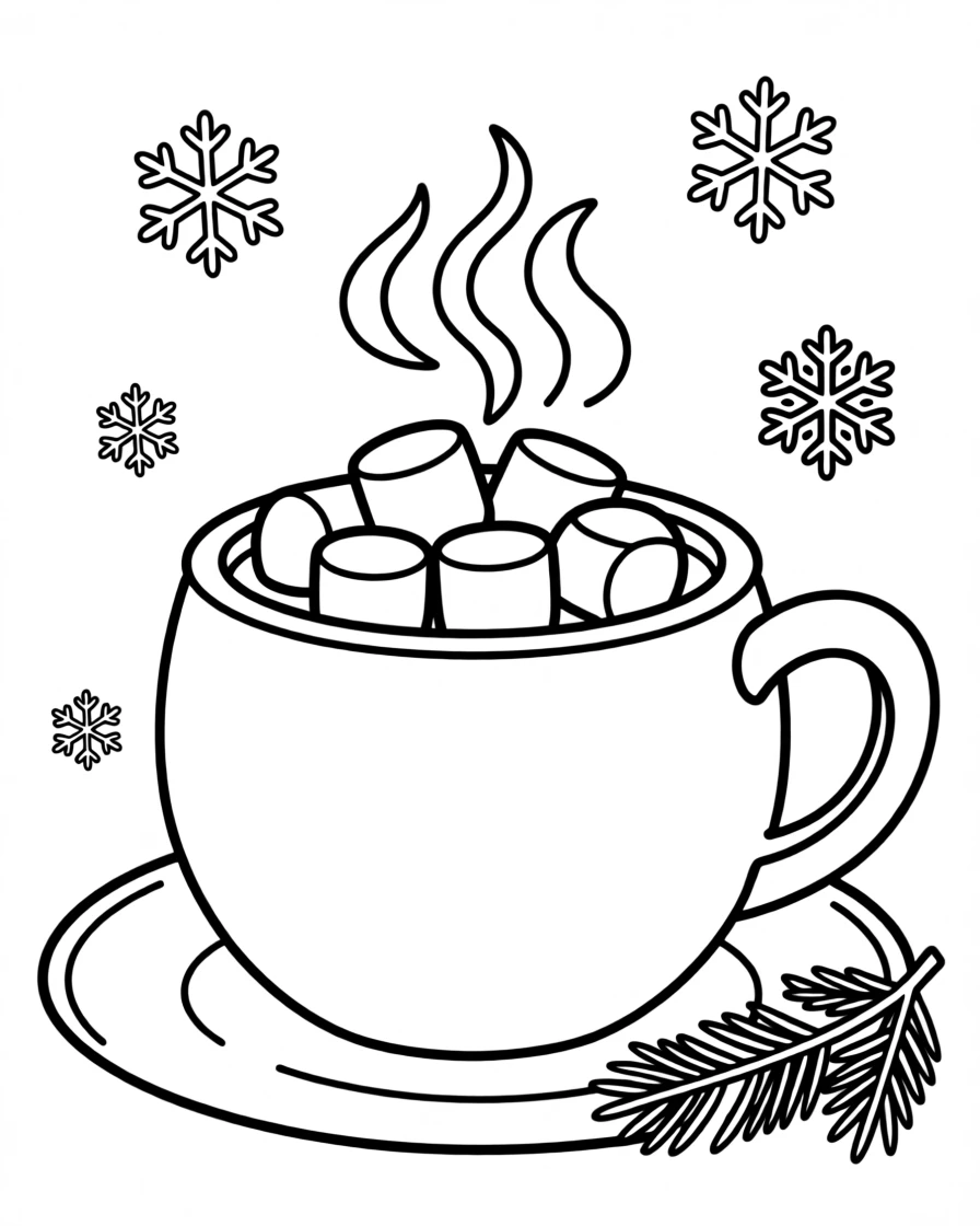 A hot cocoa mug topped with marshmallows on a winter day