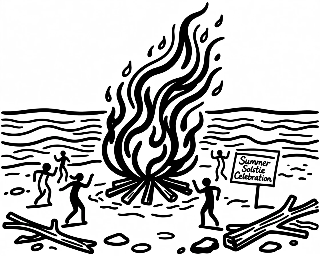 A summer solstice bonfire celebration on a beach at dusk.