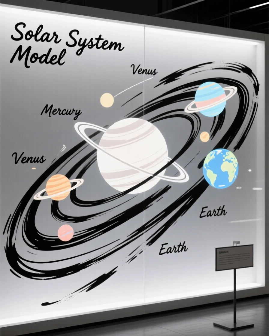 A holographic display projecting a rotating model of the solar system.