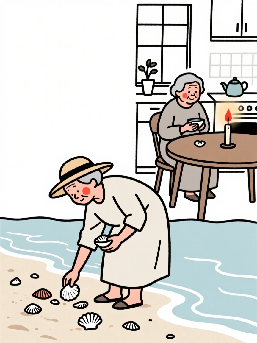 An elderly woman collecting seashells along the tideline, in a cozy candlelit kitchen.