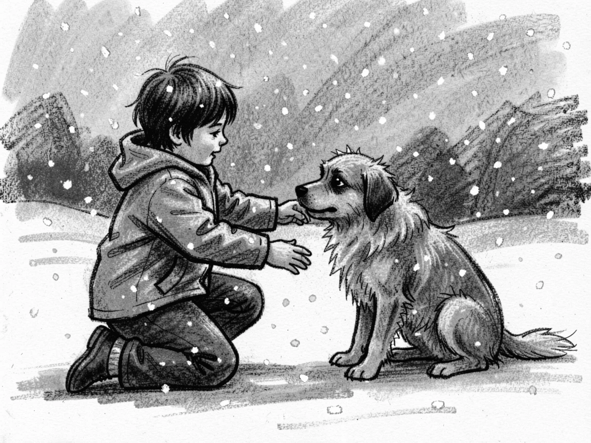 A child reunited with a lost pet after a long search, under a soft blanket of falling snow.
