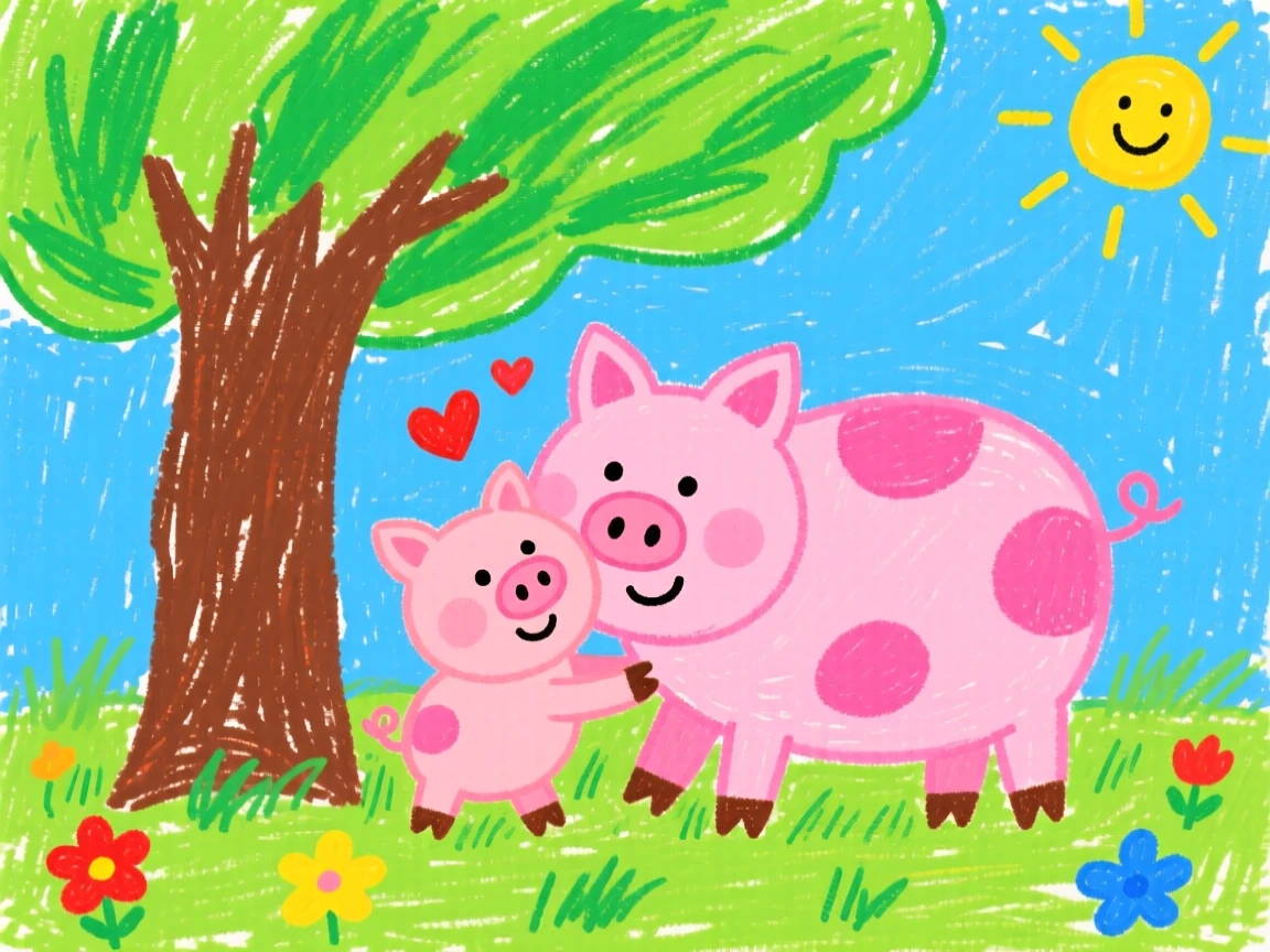 A piglet cuddled beside its mother under a shady tree.