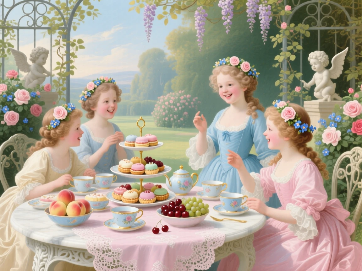 A garden tea party with cakes, fruit, porcelain, and laughing children  
