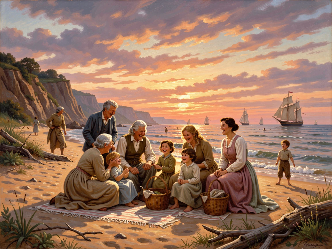 A family gathers around a beach at sunset during a joyful celebration.