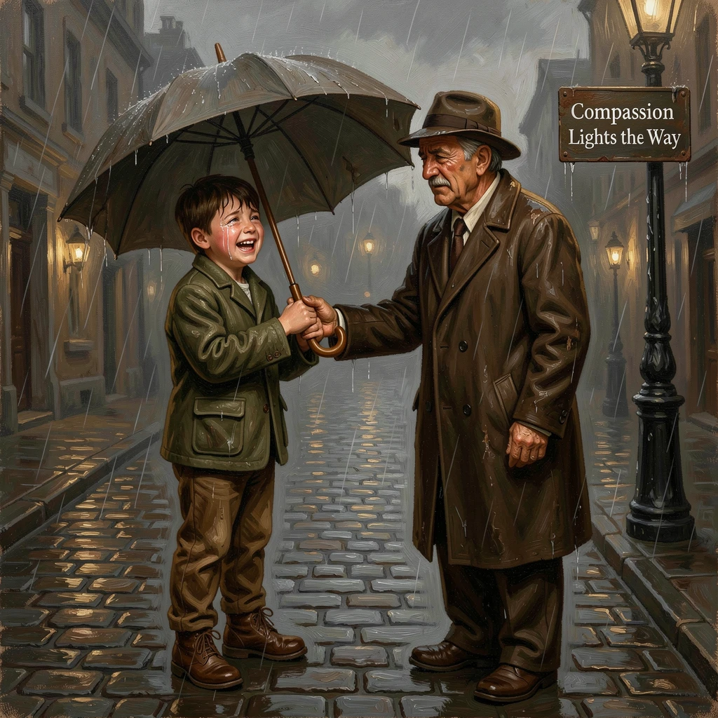 A young boy giving his only umbrella to a stranger caught in the rain, with tears, laughter, or relief visible in vivid detail, designed to inspire and uplift anyone who views it