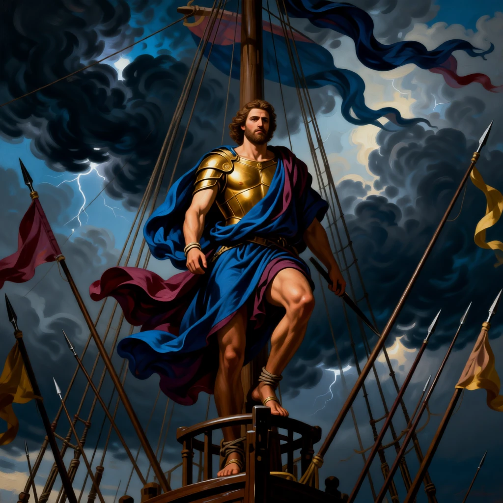 Odysseus resisting the call of the sirens while bound to the mast as thunder rolls across a darkening sky, set beneath a canopy of ancient oaks in a sacred grove, with gilded armor catching the light and rich fabrics billowing in the wind; diagonal lines of spears and banners lead the eye to the central figure, filled with reverence for legend made flesh.