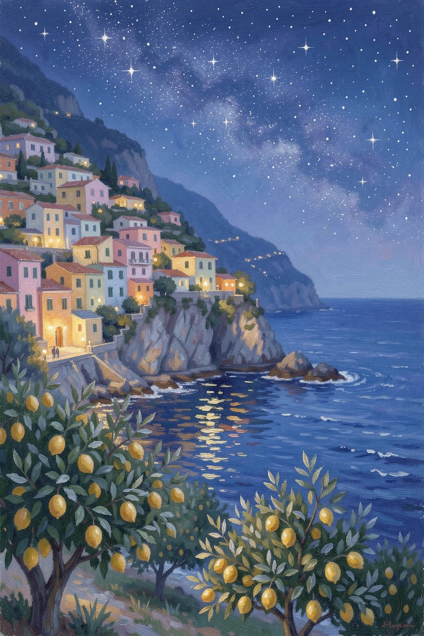 A cliffside village in the Amalfi coast, lemon groves cascading down toward a sparkling blue sea, under a canopy of stars, capturing a moment of quiet intimacy.