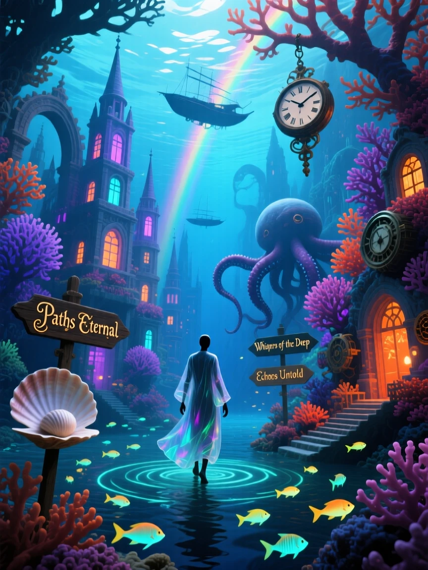 An underwater forest of coral shaped like miniature cities unfolds new paths each time it is entered, while a lone figure walks quietly through its heart.