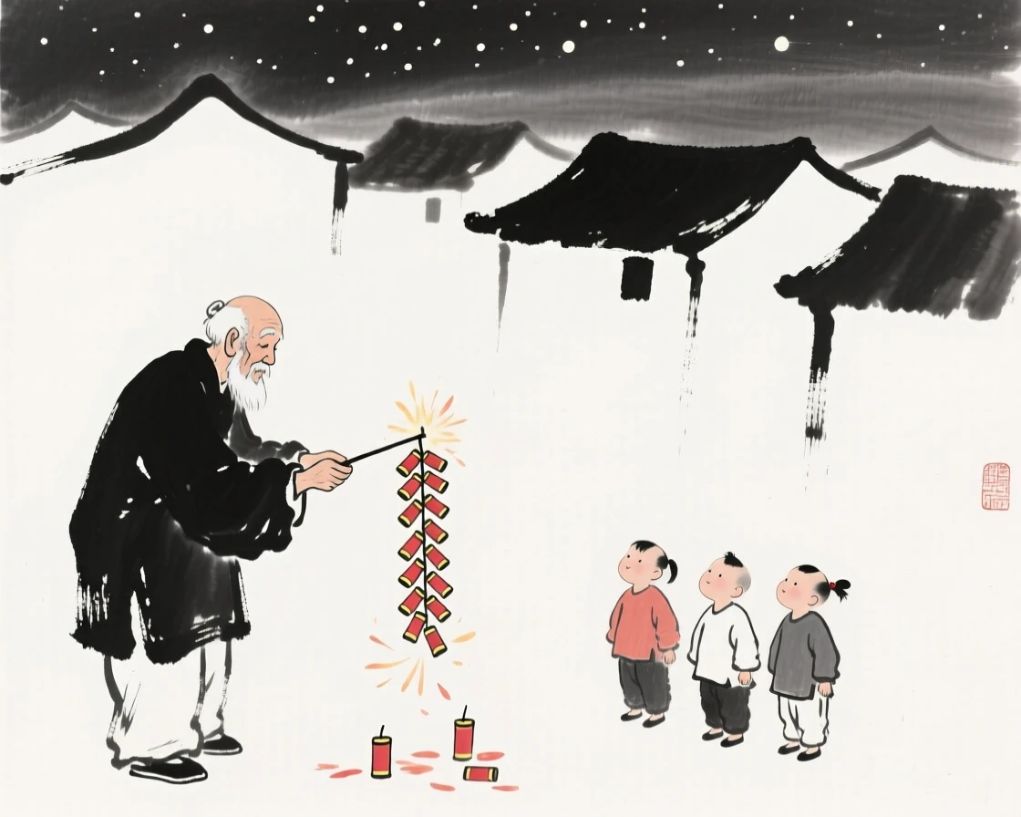 A grandfather lights a string of firecrackers as children watch from a safe distance, as the first stars appear above the festive village.
