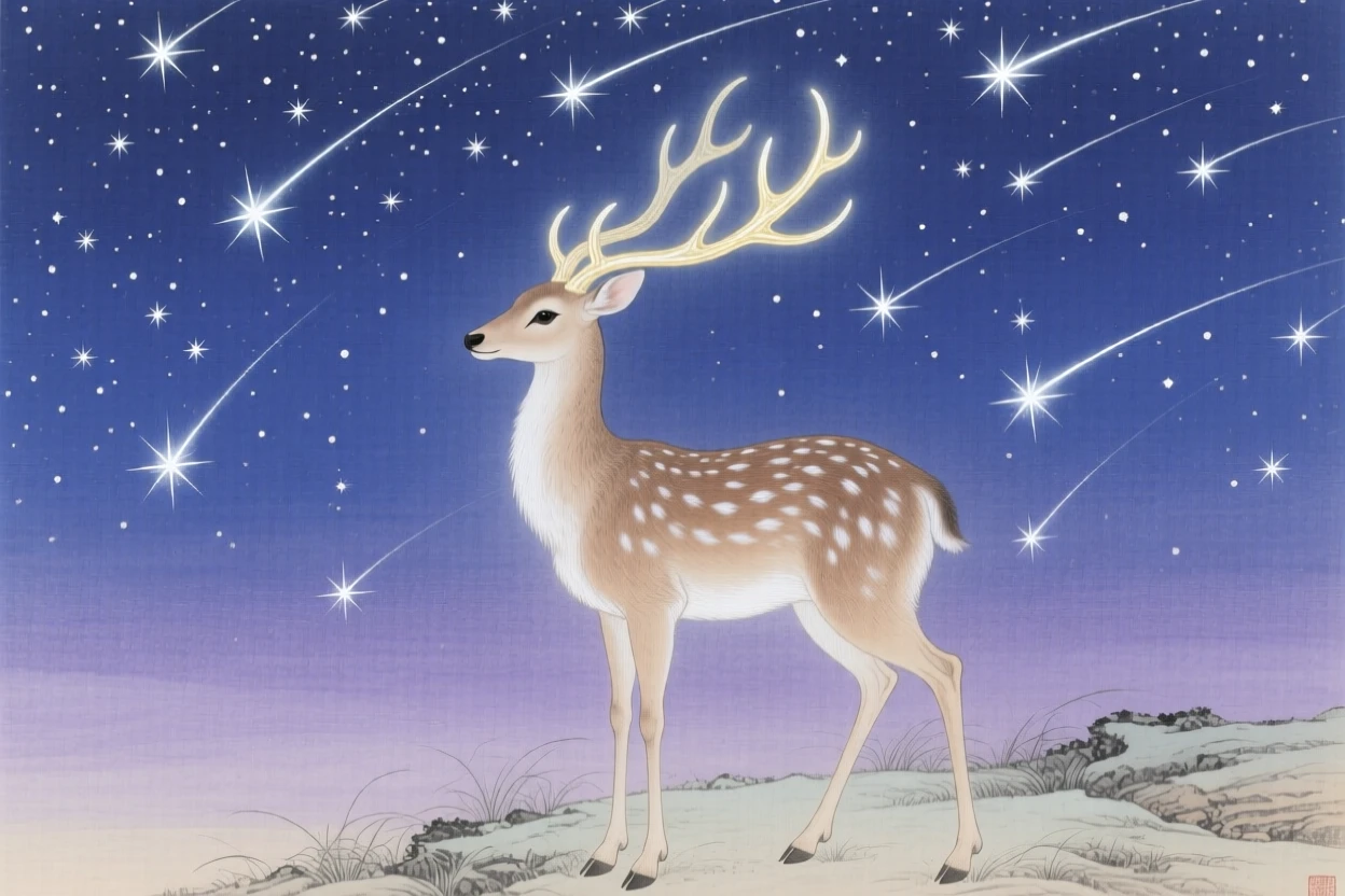 A starlit deer-like beast with softly glowing antlers beneath a sky filled with shooting stars