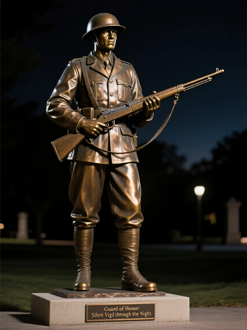A soldier standing guard through the night, with an expression of quiet determination, forming a strong central focal point