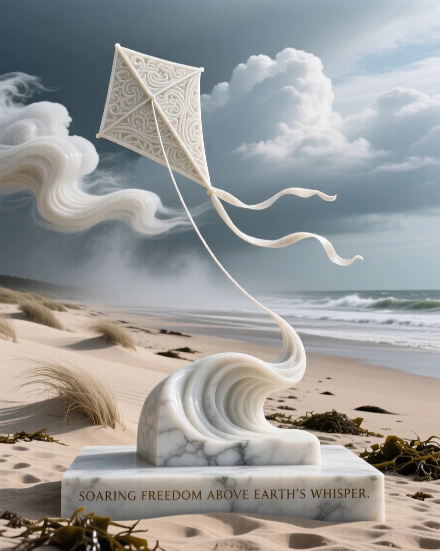 A vivid, emotionally rich scene of a kite flying high above a windswept beach, amid swirling clouds and mist, designed to captivate and inspire