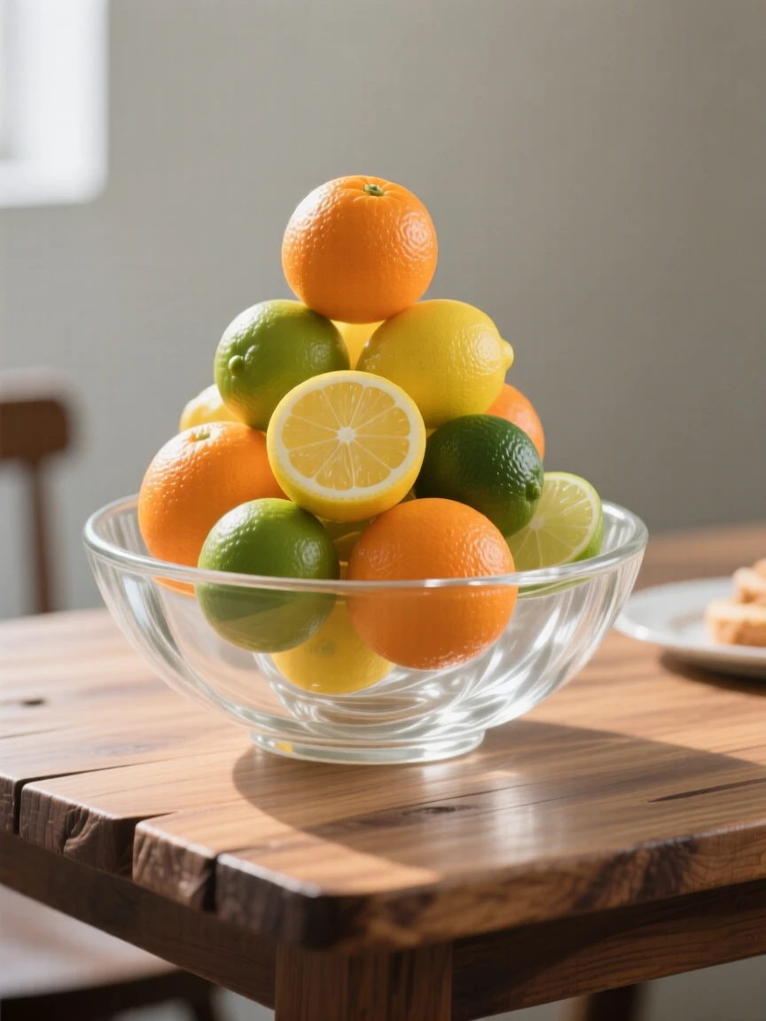 On a rustic wooden table set for breakfast, a stack of citrus fruit piled high in a wide bowl
