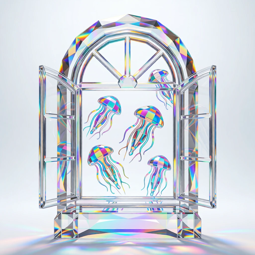 A surreal window opening onto a sky filled with floating jellyfish instead of clouds.