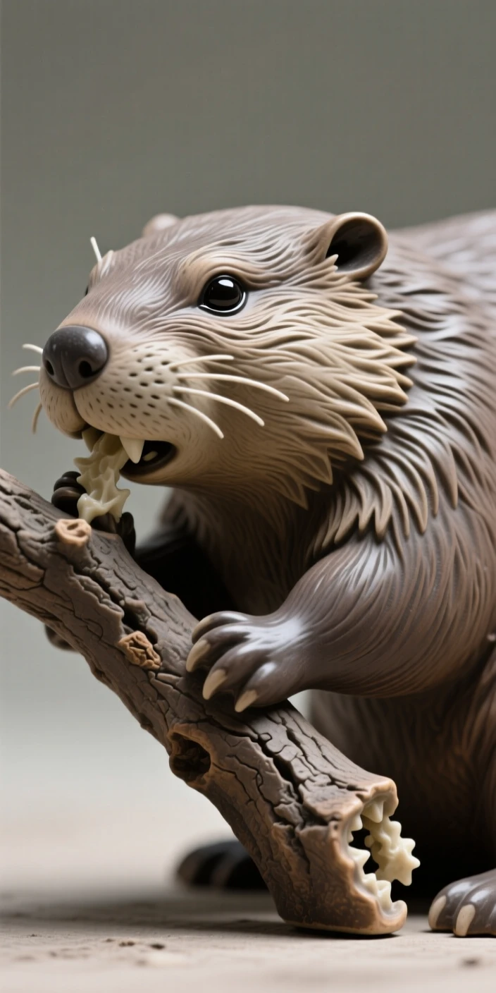 A beaver gnawing on a branch gazing calmly toward the horizon, with a soft breeze lifting its fur, evoking a quiet sense of wild dignity.