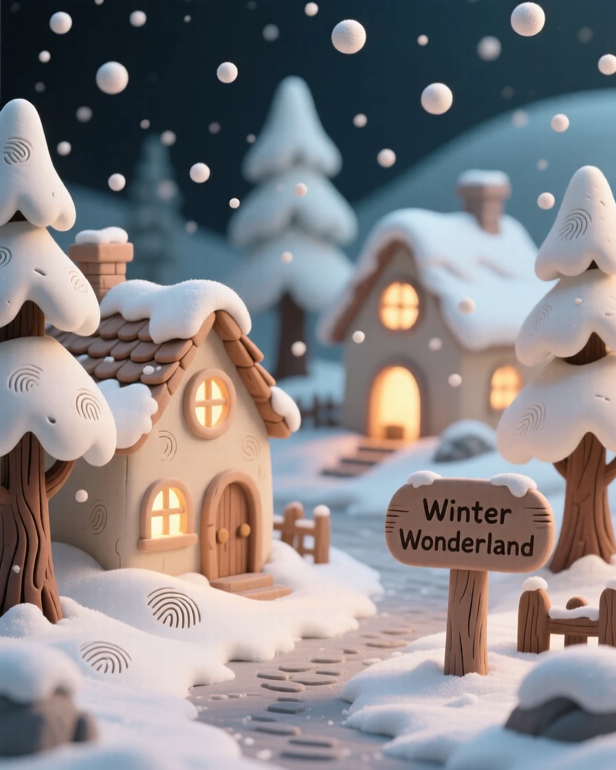 A winter wonderland village glowing beneath falling snow
