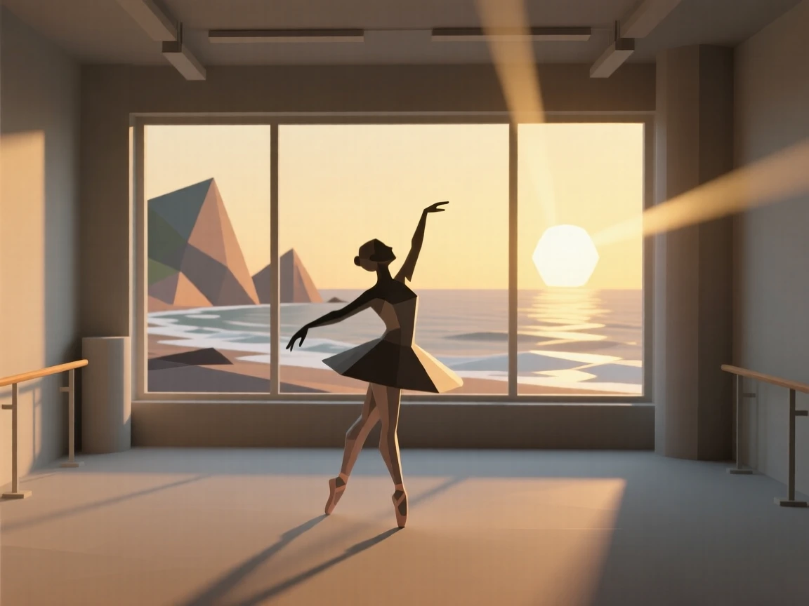 A dancer rehearsing gracefully in an empty studio, at golden hour by the coastline. the composition balances subject and open space. There is a calm sense of focus and skill.