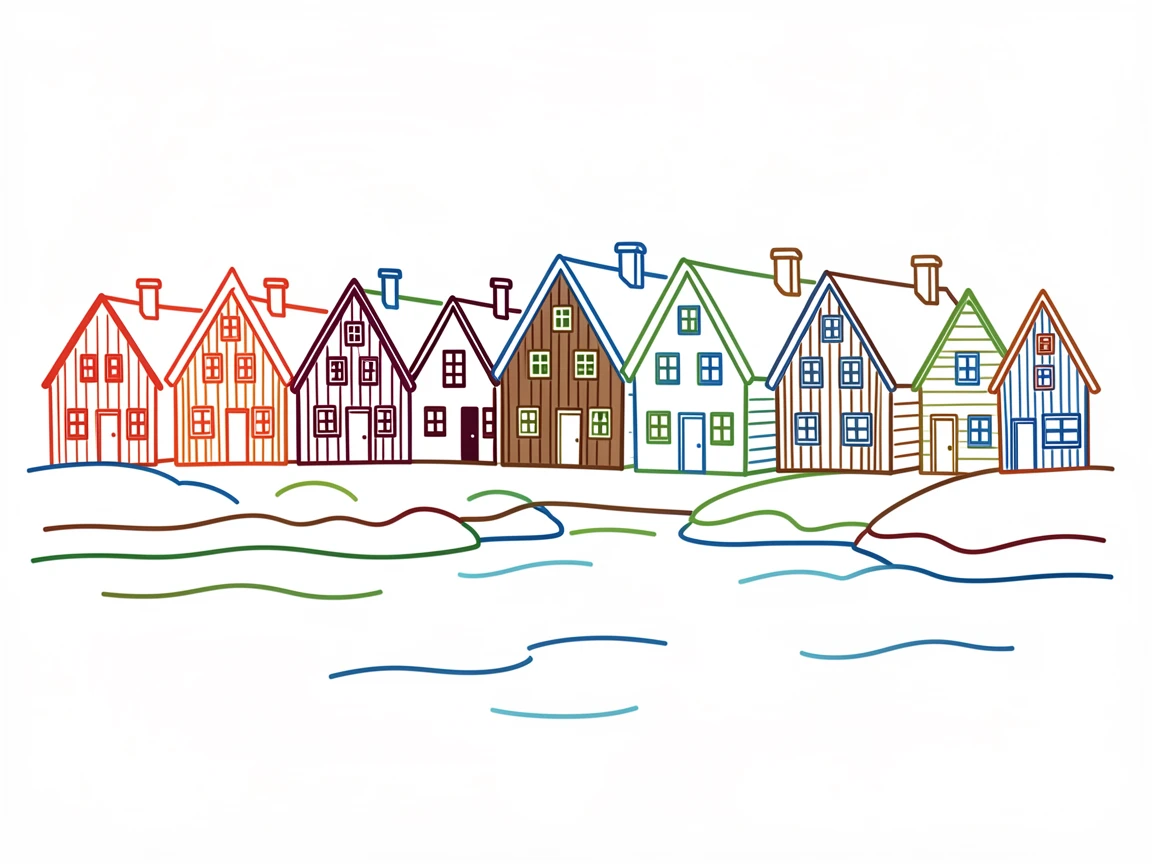 A row of Nordic wooden houses painted in deep red along a fjord.