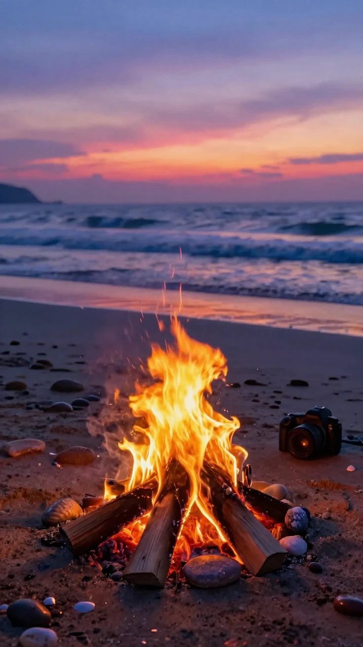 A beach bonfire glowing as the sun sets behind the waves