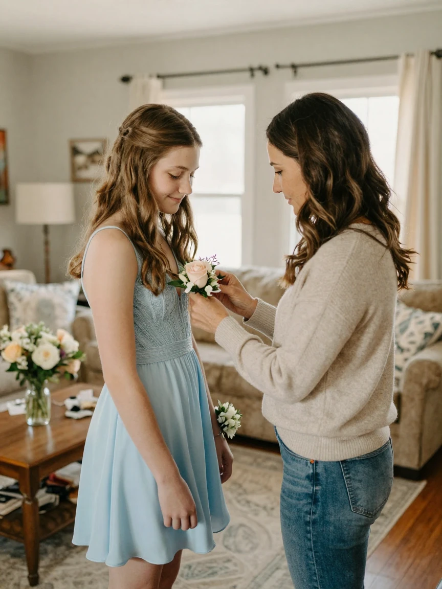 A mother pins a corsage onto her daughter's dress before a school dance.