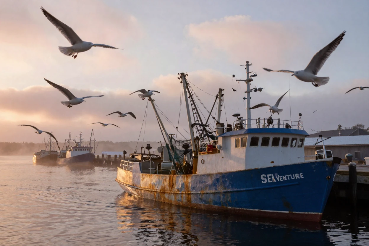 A fishing trawler returning to harbor at dawn surrounded by circling gulls