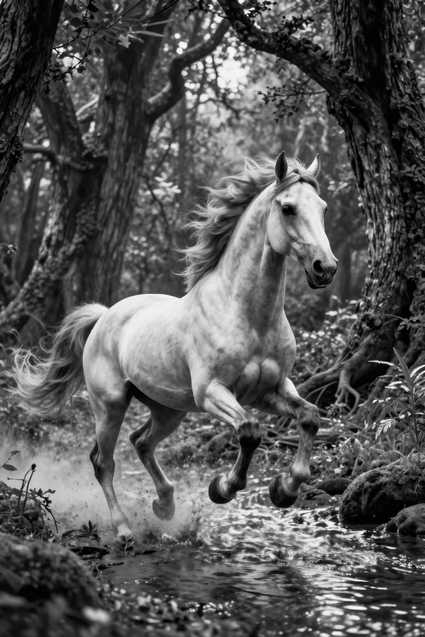 A centaur gallops through an enchanted forest beside a glowing woodland stream.