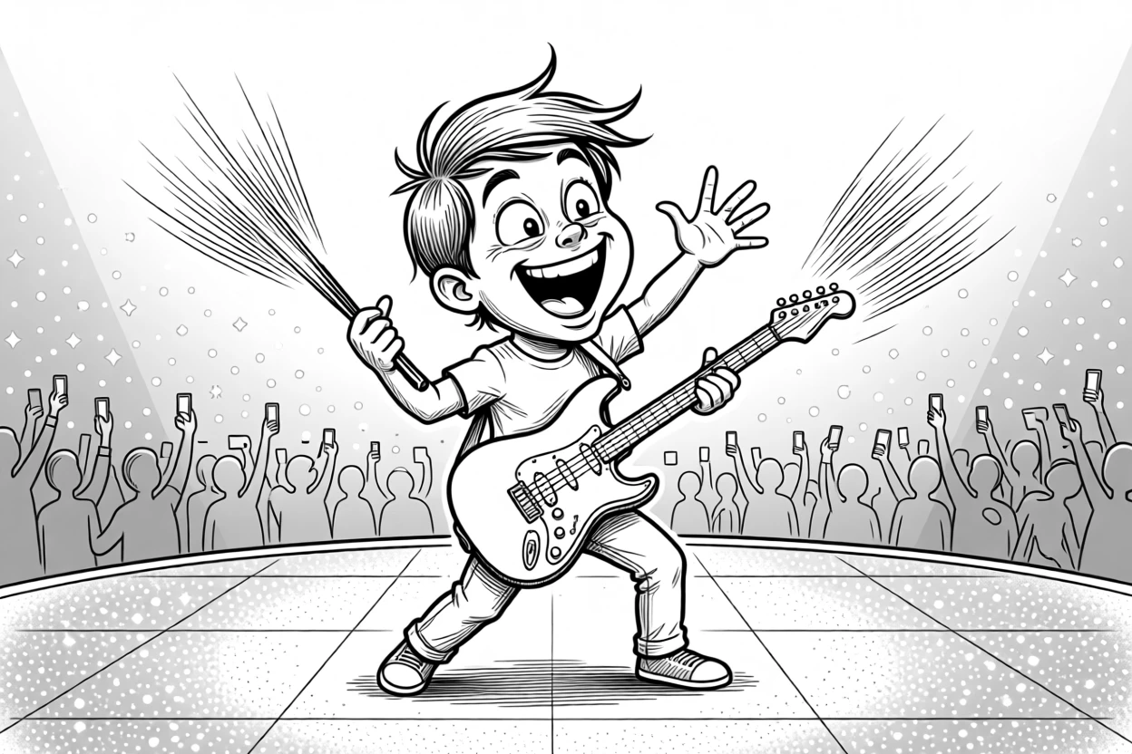 A kid playing air guitar with wild imaginary passion, blurring both sticks into an almost invisible flurry, set on a glittering tap-dance stage. The crowd's phone lights twinkle like stars. There's an infectious, larger-than-life energy to the moment.