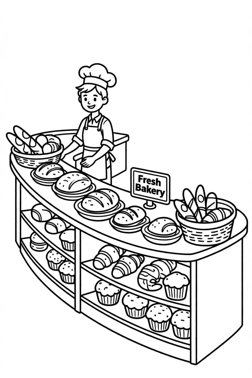A bakery counter filled with pastries and bread loaves