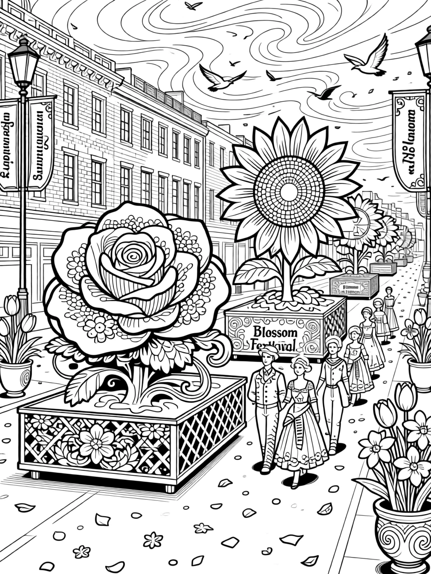 A flower festival parade scene with elaborate floral floats.
