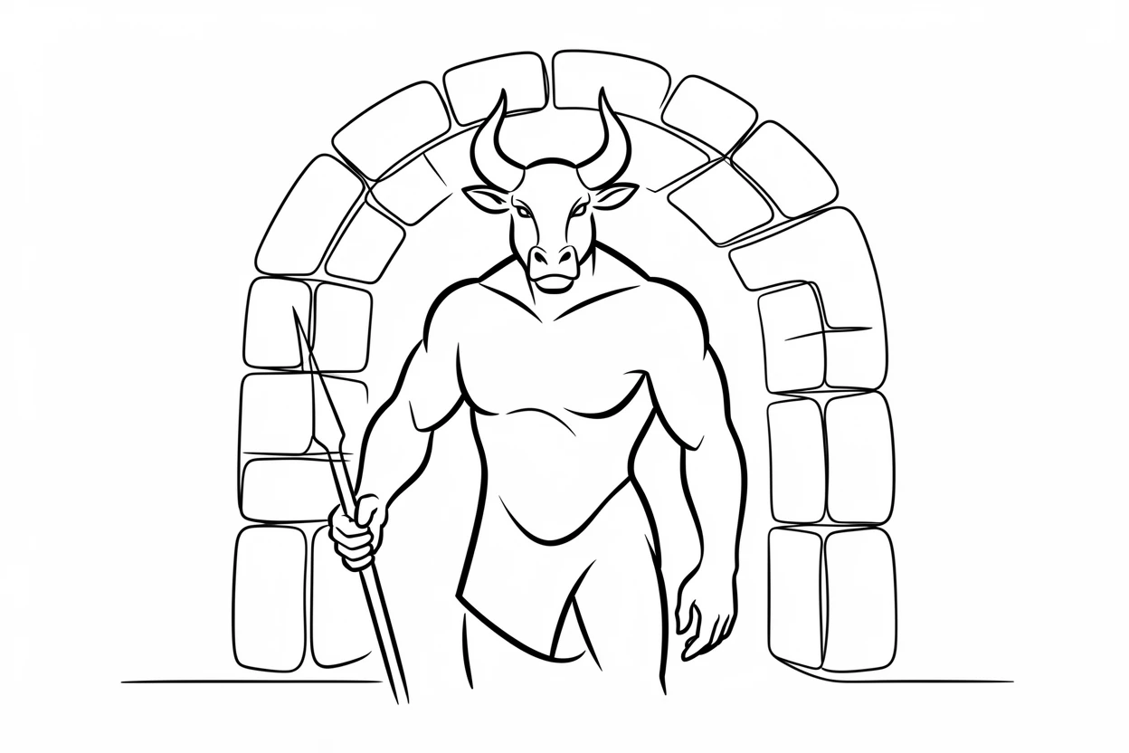 A minotaur standing guard at the entrance to a stone labyrinth