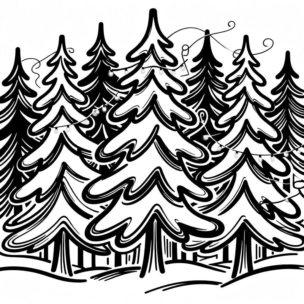 A snow-covered evergreen forest decorated with subtle holiday lights.