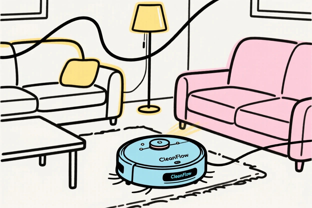 A robotic vacuum cleaner navigating around furniture in a living room.