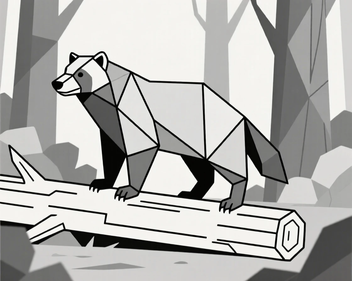 A wolverine standing on a fallen log in the forest