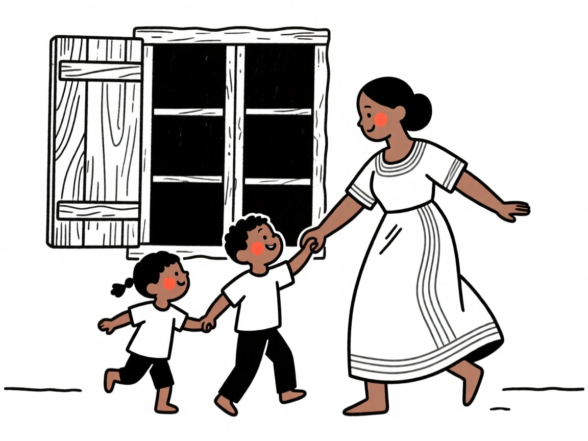A mother and her children of Ethiopian heritage dancing at a quinceanera, by a rustic farmhouse window.