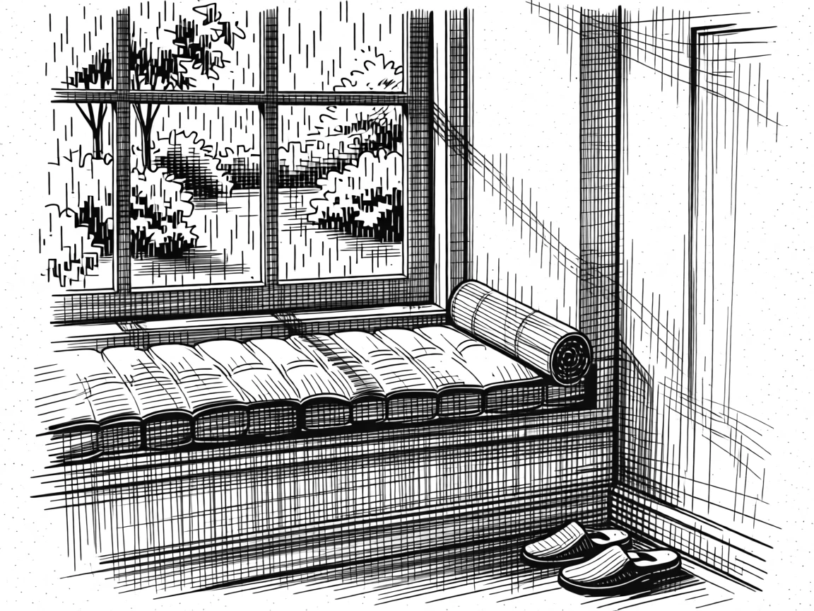 A window seat overlooking a rain-streaked garden as the last light of day fades gently away, with a pair of slippers resting by the door, evoking a warmly comforting sense of calm.