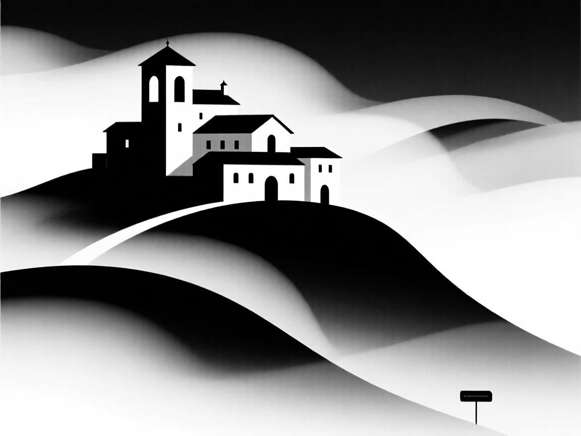 A hillside monastery wrapped in fog.