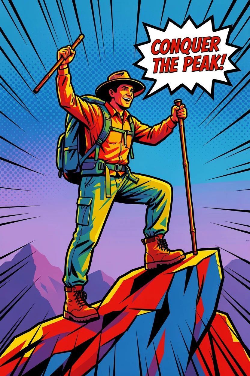 A hiker standing triumphantly atop a mountain peak