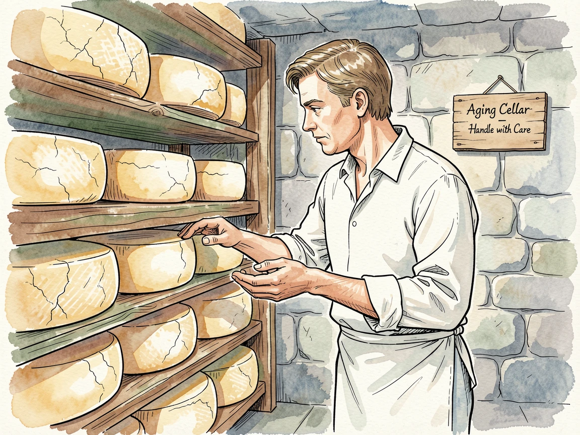 A cheese maker checking wheels of aging cheese in a cool stone cellar, focused concentration evident in every careful movement.